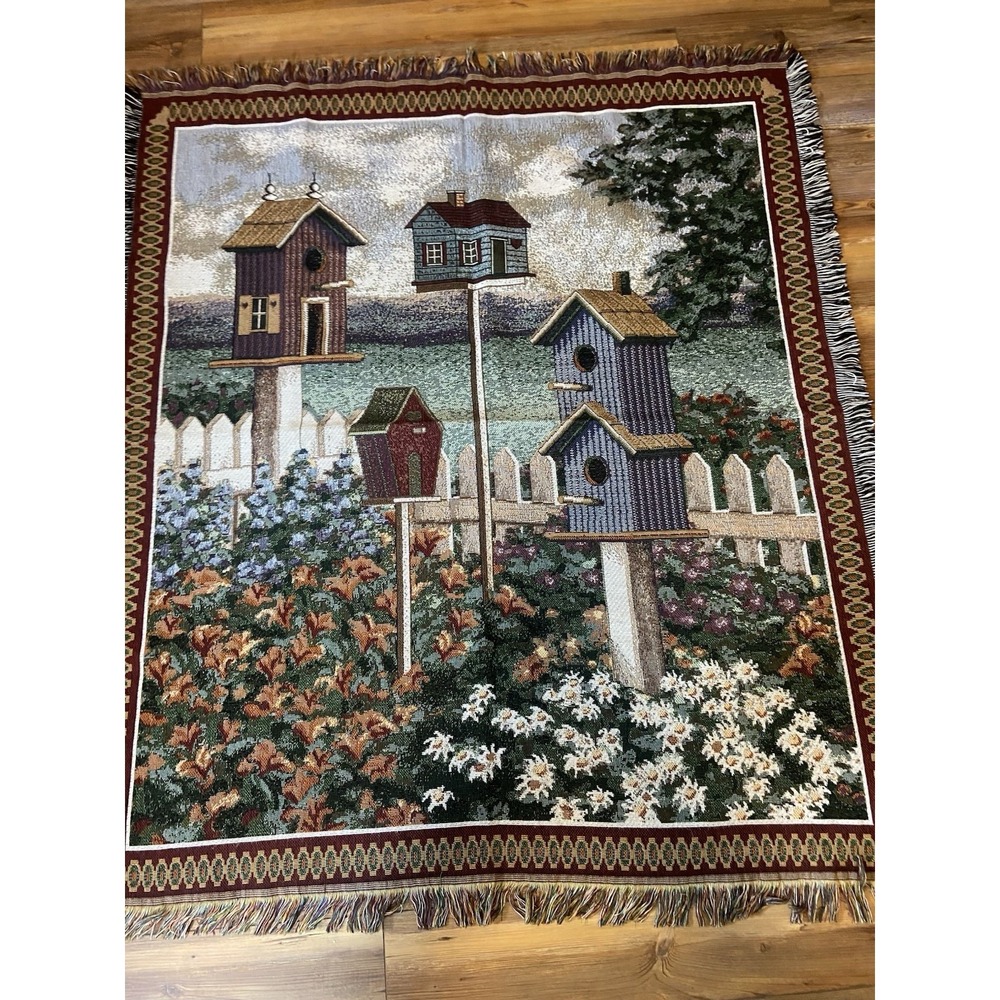 Birdhouses In A Flower Garden Throw Blanket Afghan 48x56 Tapestry Bird House